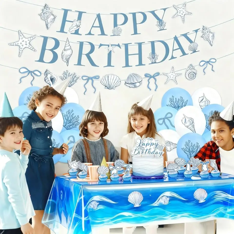 Elegant Ocean Mermaid Birthday Party Decorations Blue Bow Starfish Shell Coral Garland Banner Cake Topper Balloons Baby Shower view 6