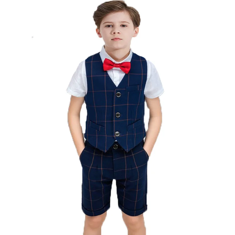 

Boys Summer Wedding Suit Kids Shirt Vest Suspender Short Bowtie Photograph Set School Children Fromal Graduation Party Costume