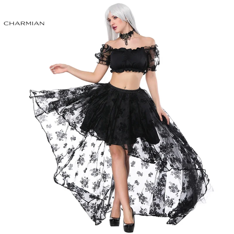 Charmian-المرأة مثير قبالة الكتف الأزهار الدانتيل تكدرت أعلى محصول ، ارتفاع الخصر مرونة تنورة منخفضة ، القوطية حفل زفاف مجموعة