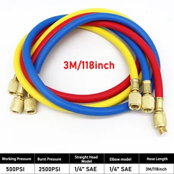 3M/118inch 3PCS Refrigerant Charging Hose Set (2500~500) PSI AC Fits HVAC Air Condition Refrigerant Manifold Gauge R12 R22 R502