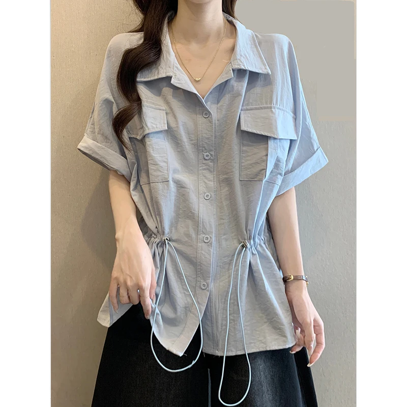 

Women Short Sleeve Workwear Shirt Summer New Korean Casual Loose Solid Drawstring Tops Popular Versatile Blue Pockets Coat