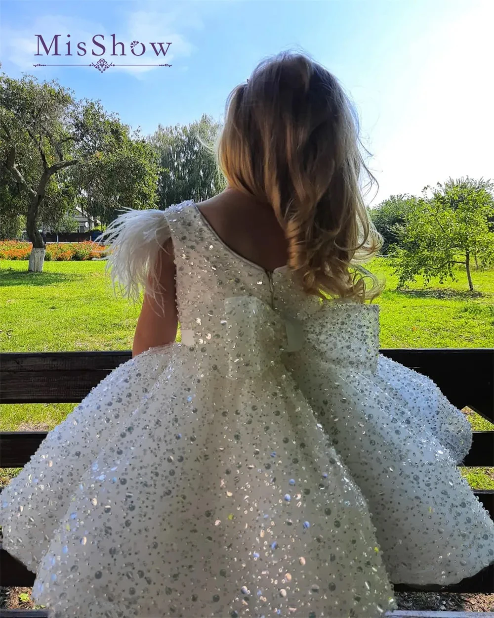 MisShow 2-14 Years Glitter Beads Flower Girl Dresses White Children's Feather Bow Wedding Party Princess Ball Gown Communion Kid