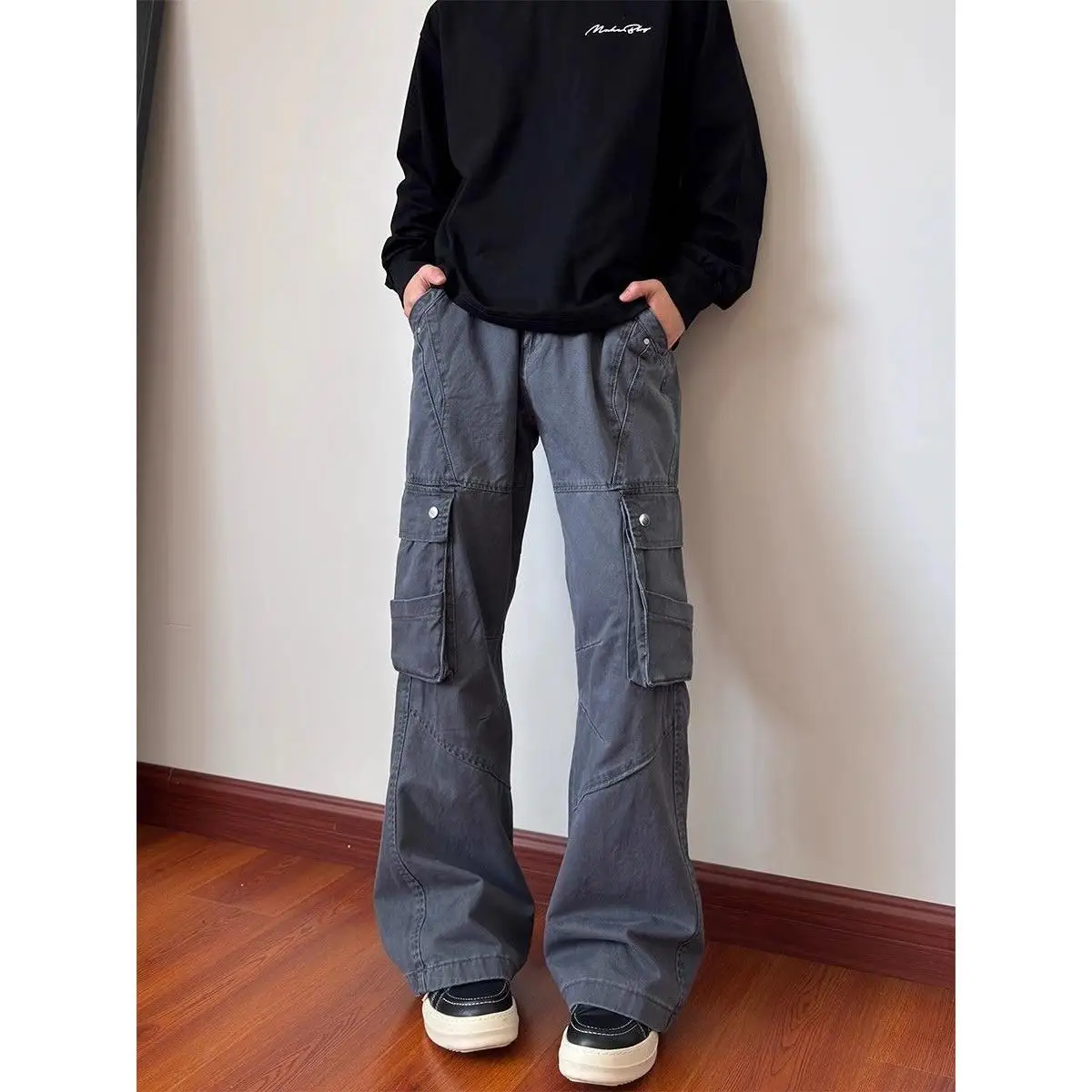 American Retro Multi-pocket Micro-pull Overalls Loose Straight Trousers