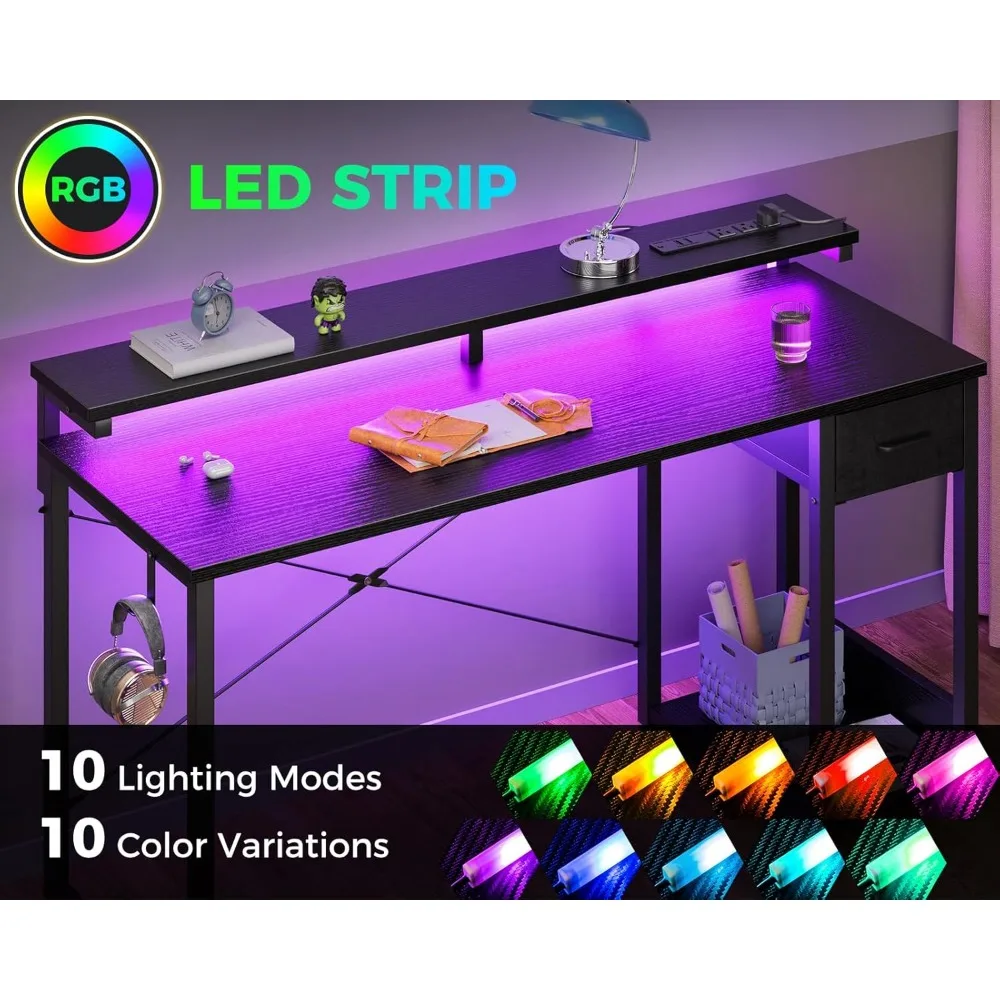 Gaming Desk with LED Lights & Power Outlet, 55 Inch Computer Desk with Drawer, Reversible Desk with Adjustable Monitor