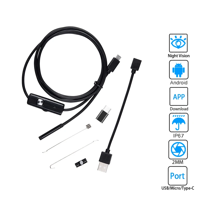 Cámara endoscópica impermeable IP67 de 5mm, de inspección Flexible boroscopio, 6 LED, ajustable, USB, Android, para teléfono y PC