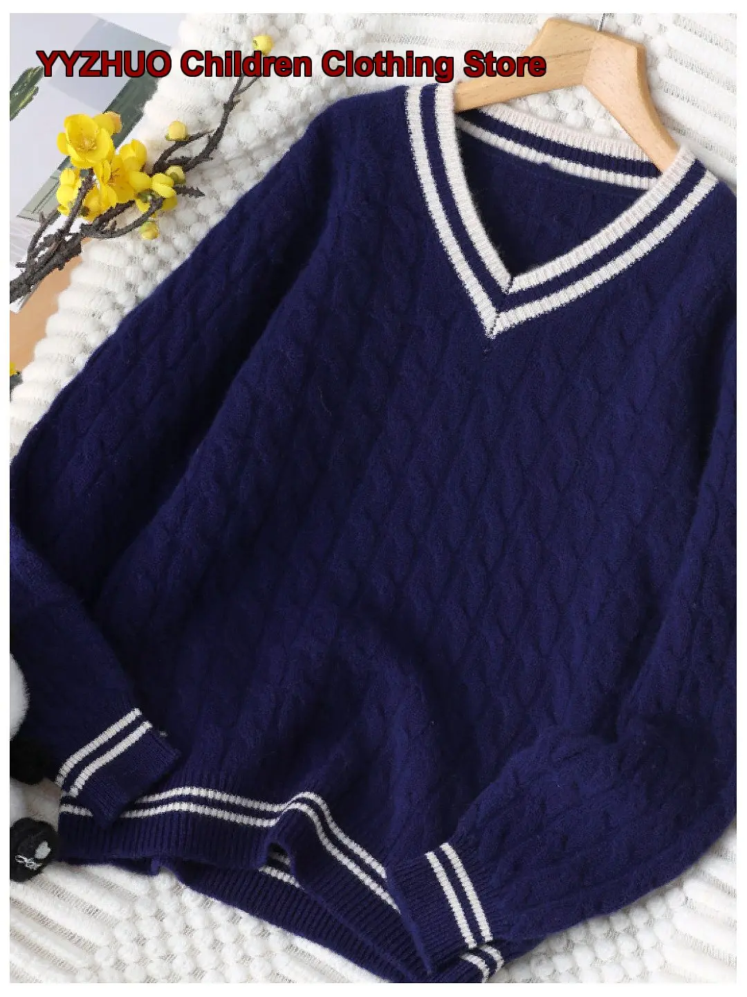 Boys V-Neck Sweater Kids Winter Thickened Full Knit Warm Base Layer Top Older Kids