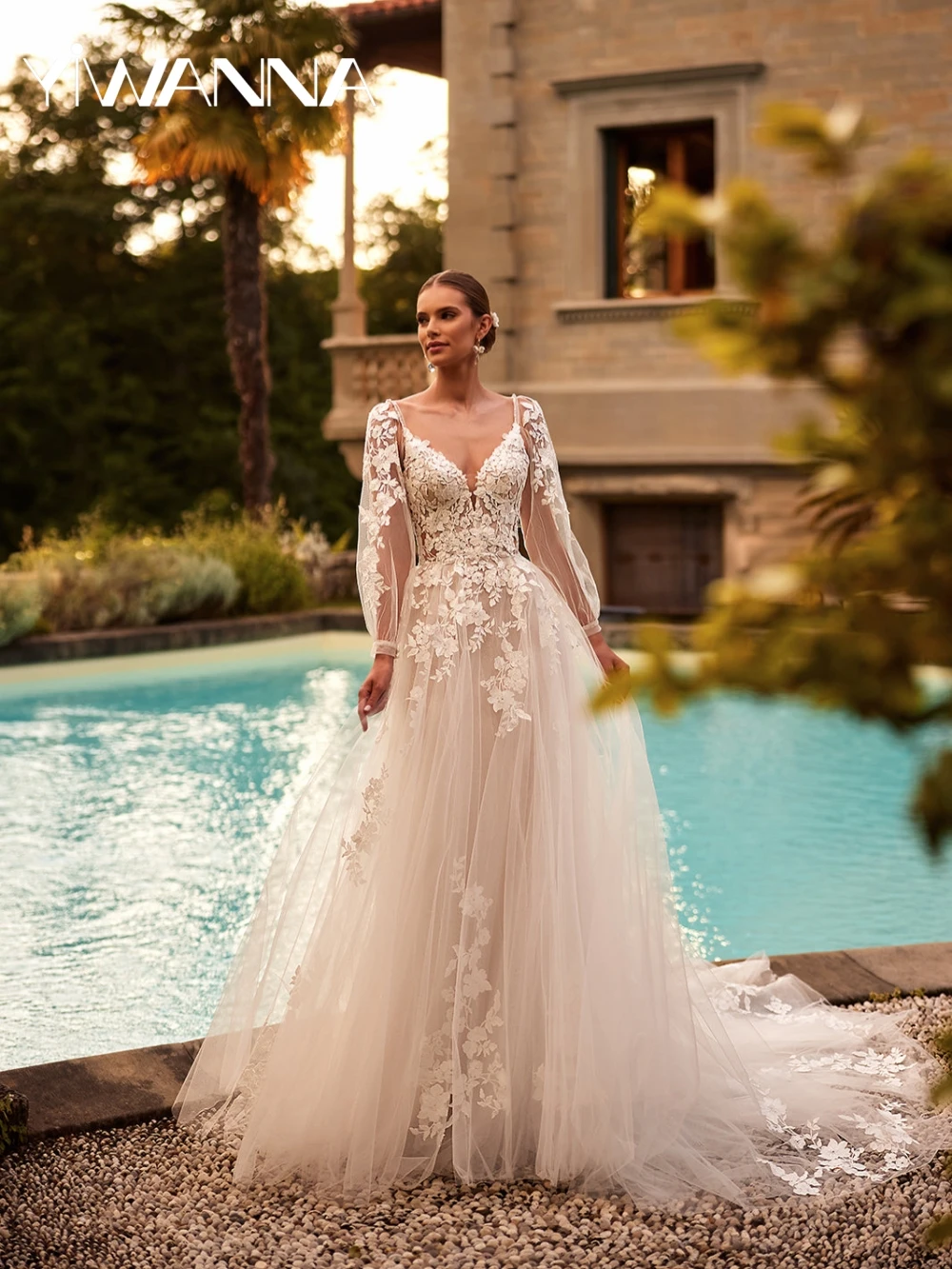 

2026 New Lace Appliques Long Wedding Dress Sexy Deep V-neck Backless Bridal Gown Customized Glitter A-line Dresses For Bride