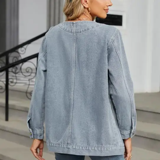 سترة نسائية 2025 ربيع الخريف جديد بلون طويل الأكمام الخامس الرقبة جيب تصميم الشارع الشهير سترة الدنيم فضفاضة غير رسمية #3