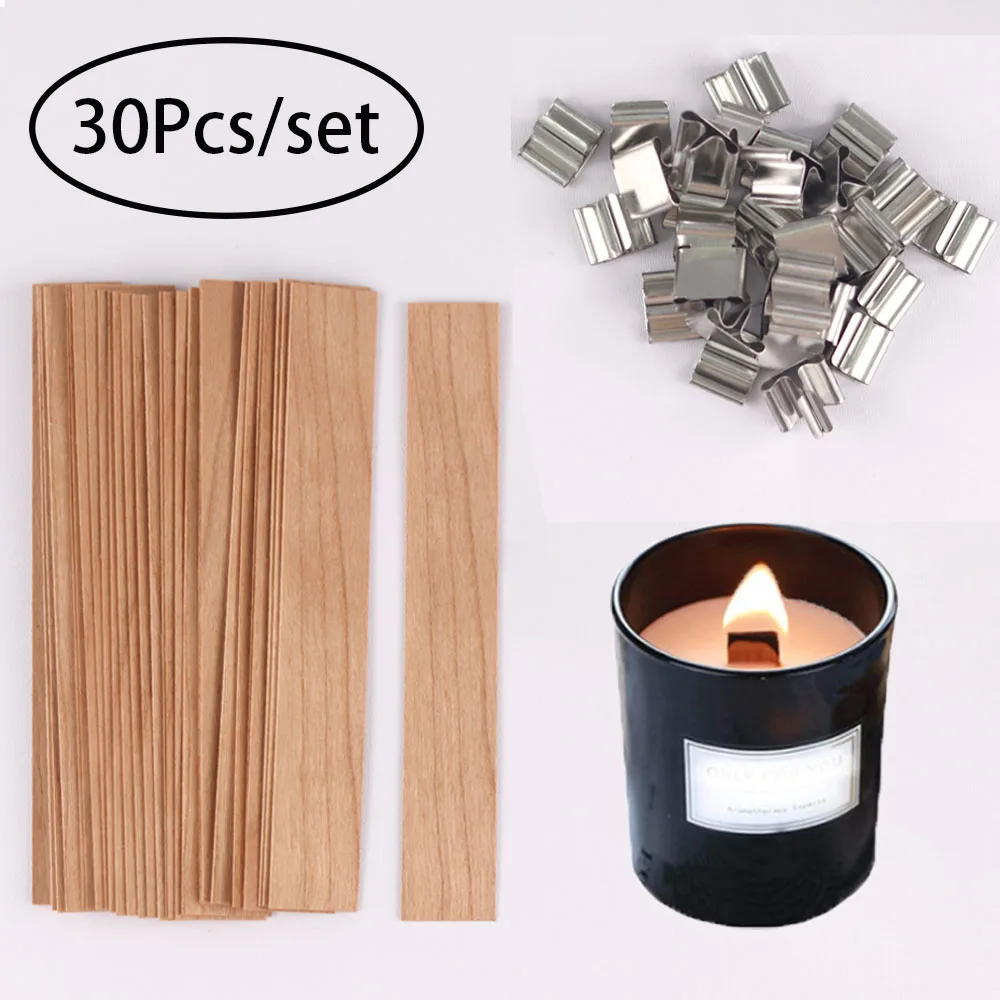 30 Stück Kerzendochte aus Holz, Kerzenherstellungsset, Dochte mit Clip-Basis, natürlich rauchfreier Holzkern für DIY-Kerzenglasherstellungswerkzeuge
