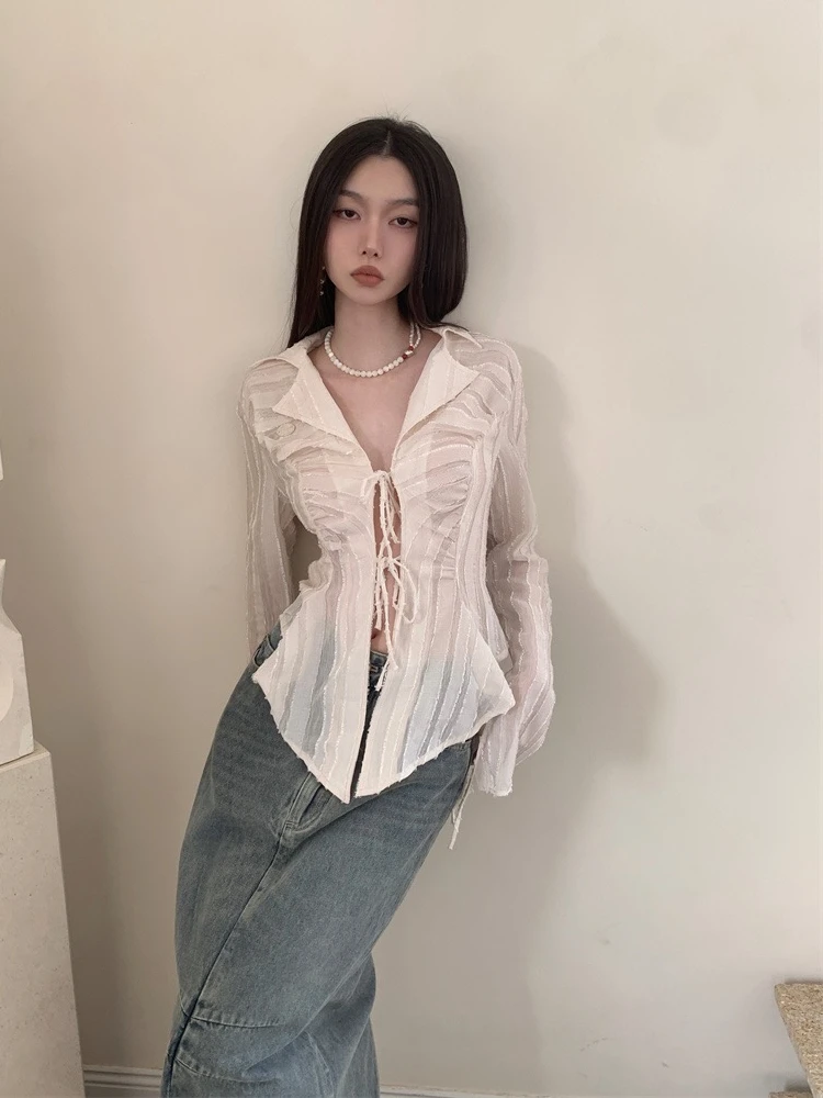 Genayooa Fairycore Lace Up Blouse Women Long Sleeve Spring 2023 New Turn-down Collar Women Shirt Ladies Tops Korean Fashion