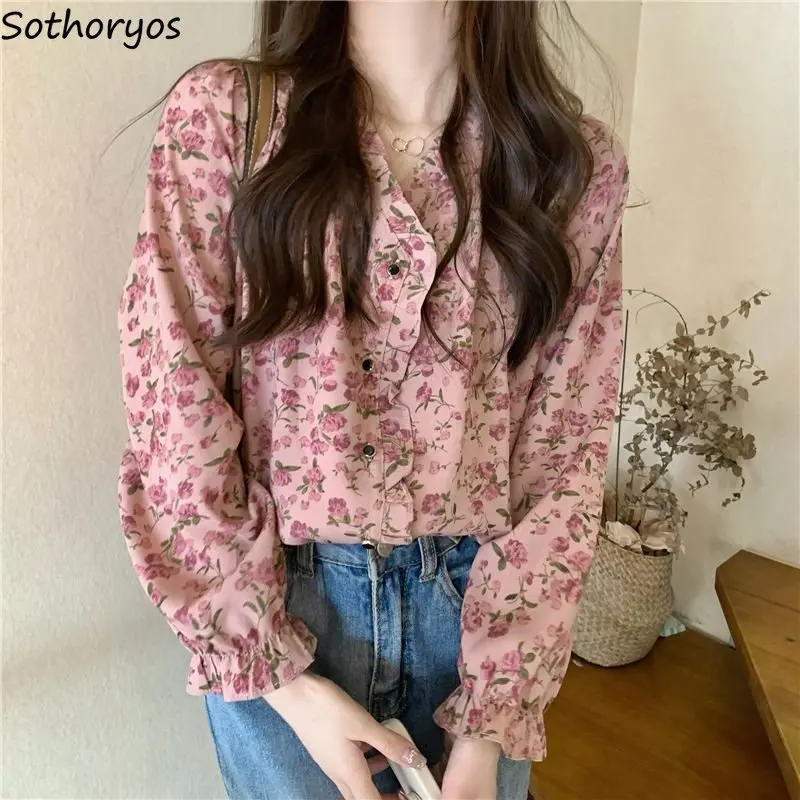 Shirts Women Flowers Simple Daily All-match Classics Vintage Charming Creativity Casual Basics French Style Spring Streetwear