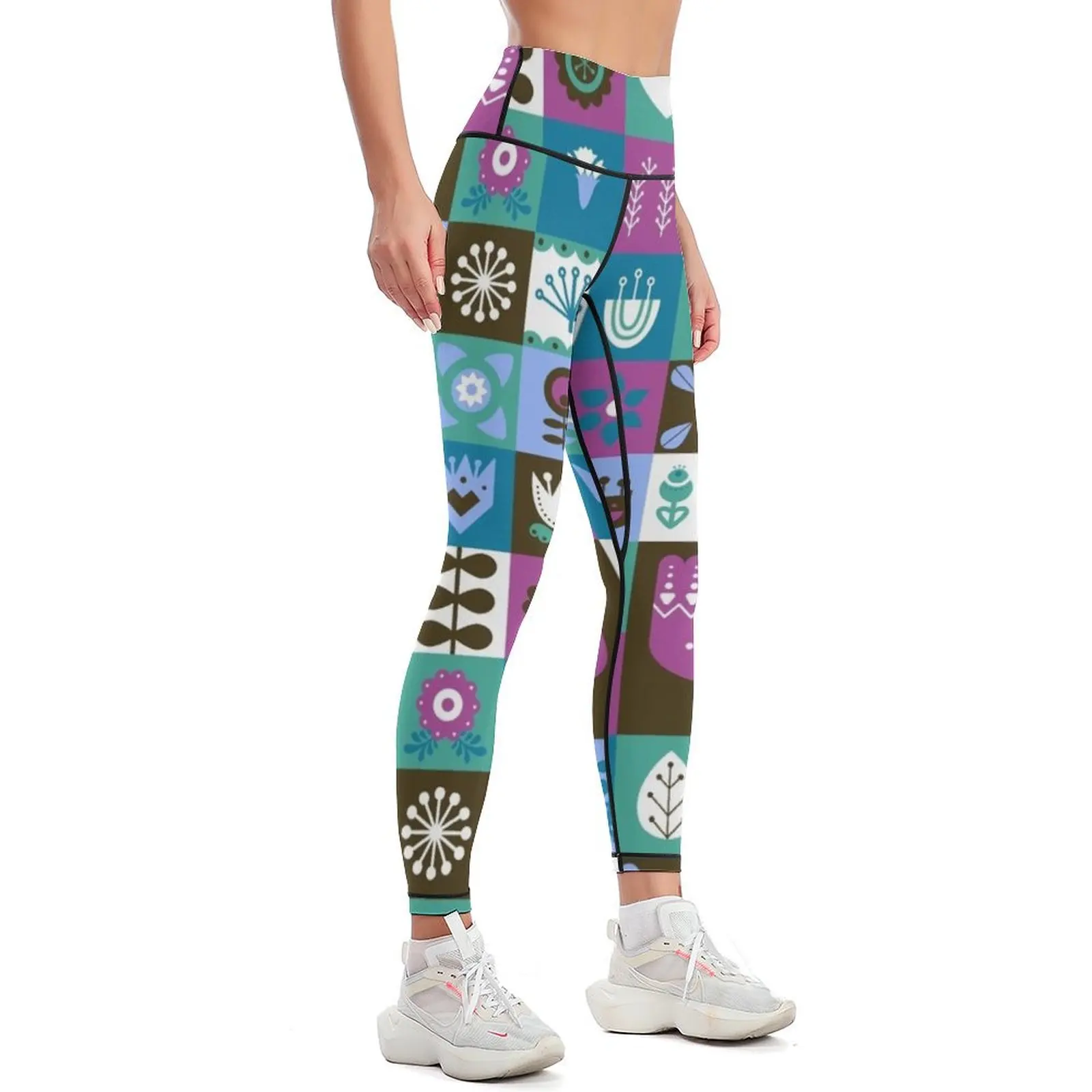 Scandinavian Midcentury Modern Composition With Birds And Flowers Leggings sports shirts gym Womens Leggings