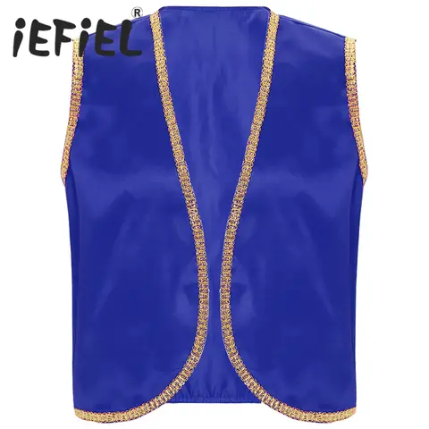 Mens Halloween Arabian Prince Waistcoat Vest Shiny Gold Trim Open Front Carnival Party Dress Up Indian Arabian Cosplay Costumes
