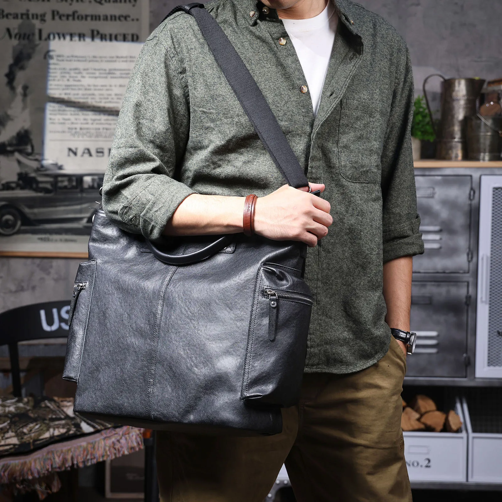Echtleder Herren-Aktentasche 15 Zoll Laptop-Tasche Einfache Rindsleder-Handtasche Pflanzlich gegerbtes Leder Modischer Casual-Stil – Detail 4