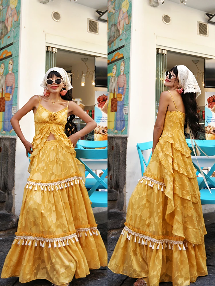 TIYIHAILEY Summer New Tops For Women Sleeveless Tees Thin Yellow Irregular Ruffles Sexy Ladies Strap 2025 New High low