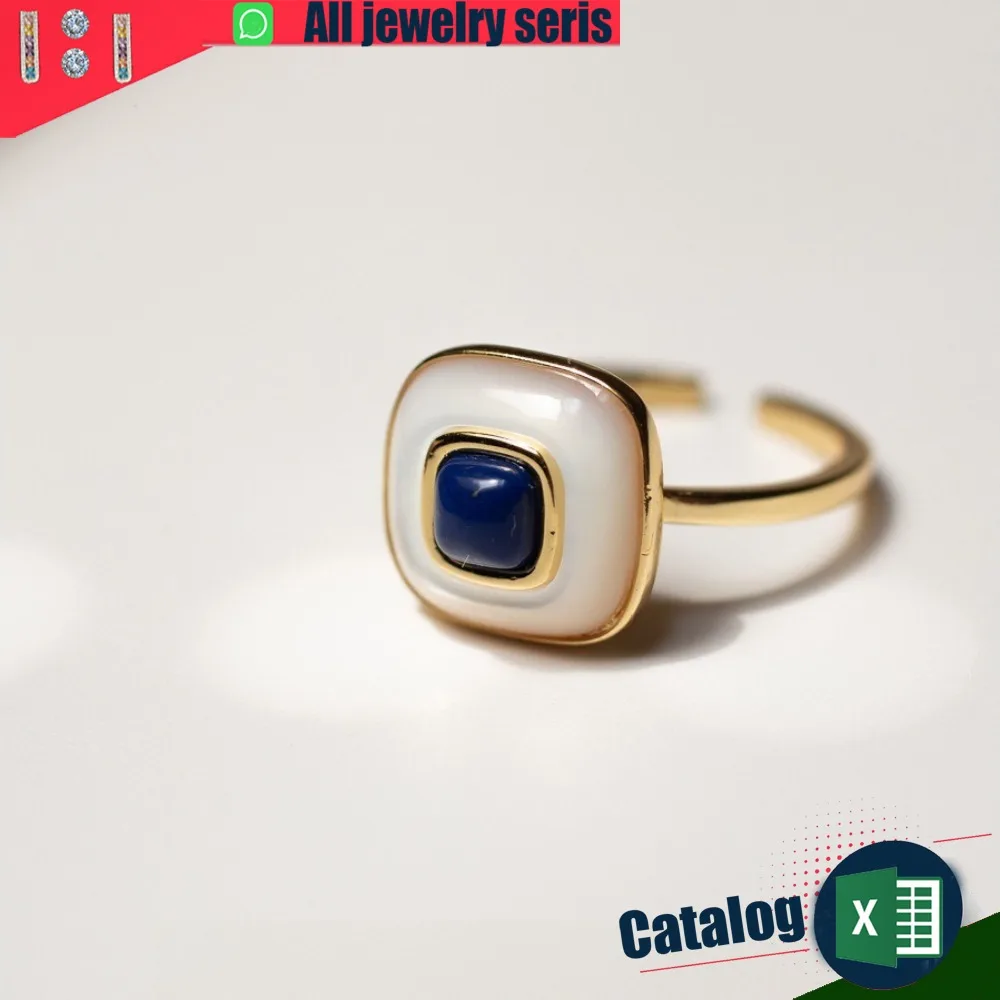 اللازورد وأم اللؤلؤ مربع قابل للتعديل حلقة مفتوحة الحد الأدنى مطلية بالذهب بيان مجوهرات هندسية للنساء