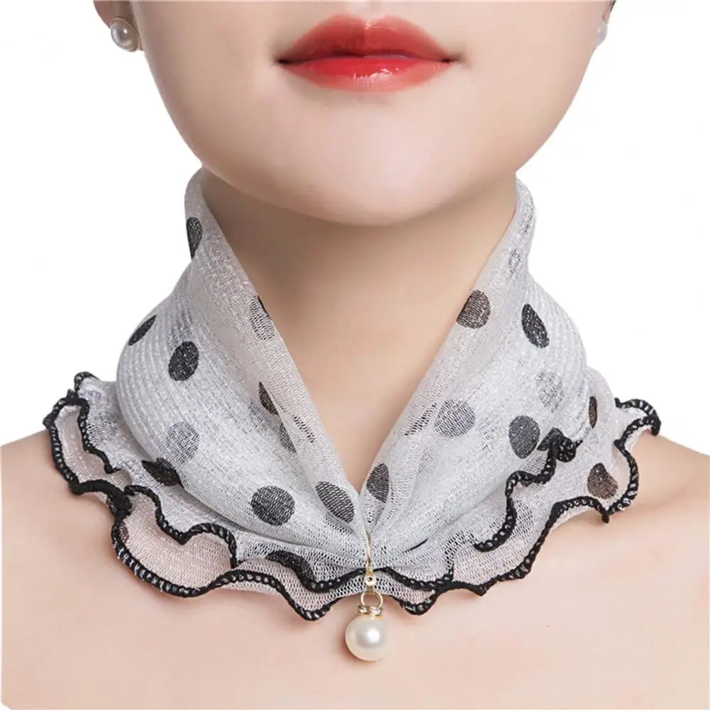 Elegant Women Scarf Painting Print Imitation Pearl Durable Ruffle Edge Lady Headscarf Banquet Neck Wrap Scarf