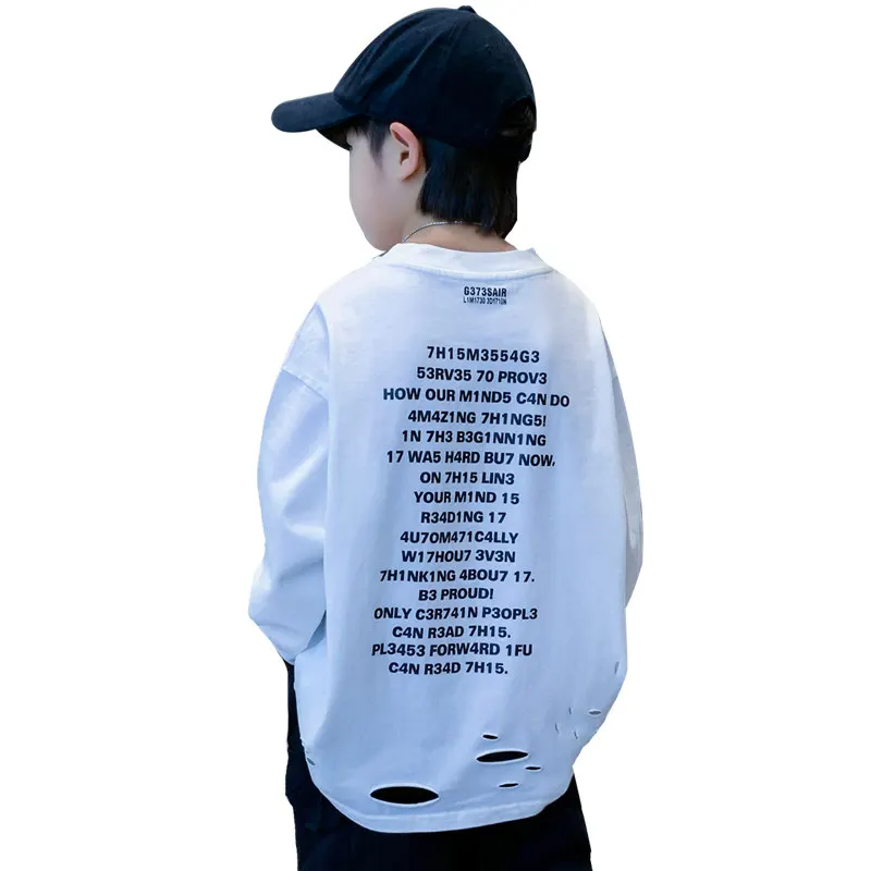 Spring Autumn Boys Fashion Broken Hole Tshirts Letter Printing Long Sleeve Tops Kids Black White Destroy Ripped Big Size Clothes