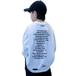 Spring Autumn Boys Fashion Broken Hole Tshirts Letter Printing Long Sleeve Tops Kids Black White Destroy Ripped Big Size Clothes