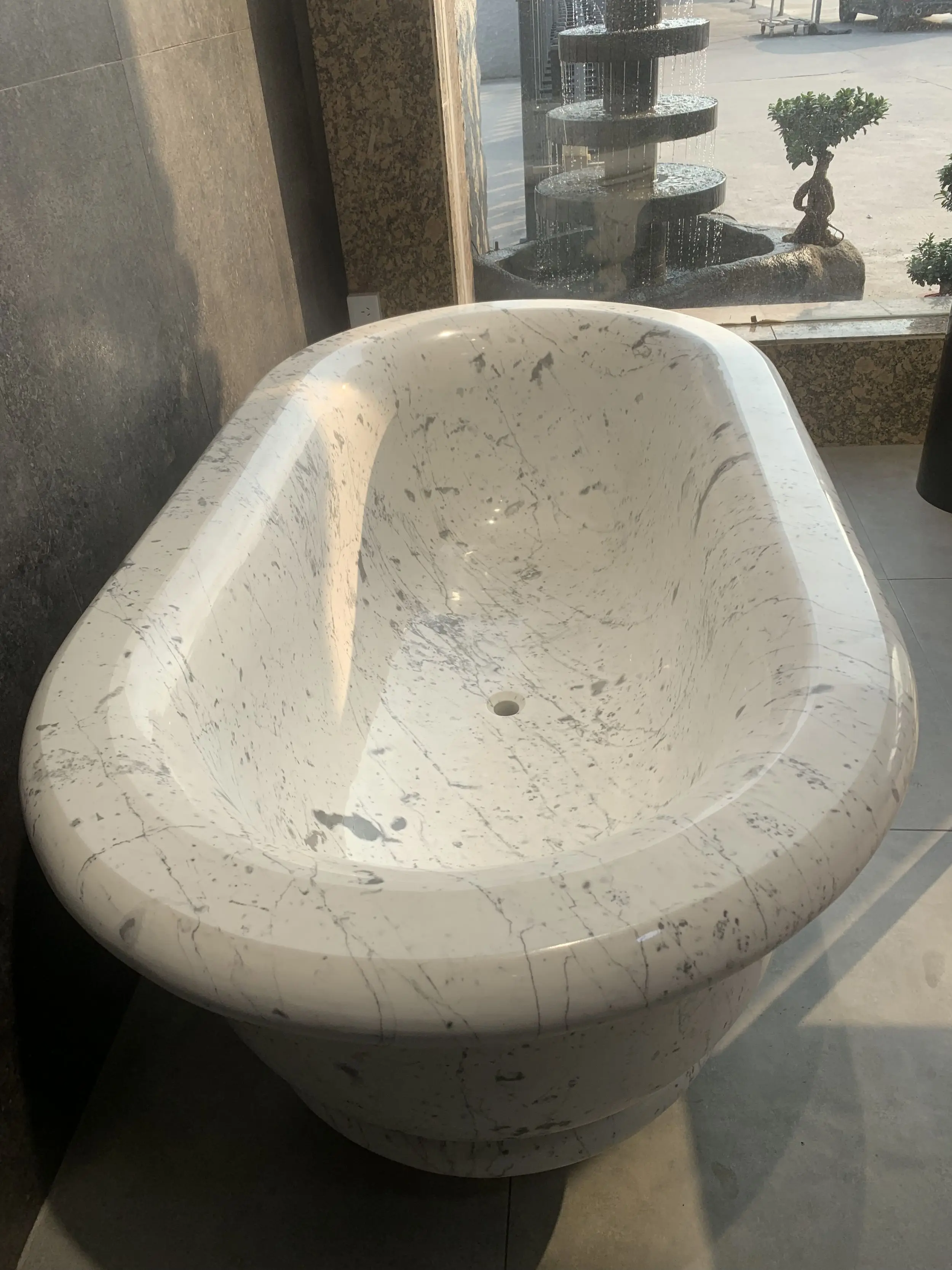 #￥Luxury Natural White Marble Freestanding Hand Carved Stone Soaking Tub Modern Bathroom Stone Tub Contemporary Spa Bath