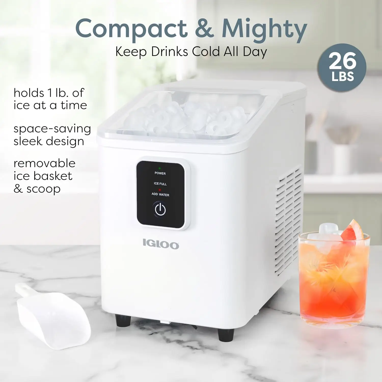 Portable Ice Maker with Scoop & Basket -Ice Maker with LED Control Panel & 1 Quart Water Tank- Ice Cube Maker Produces 26 Lbs