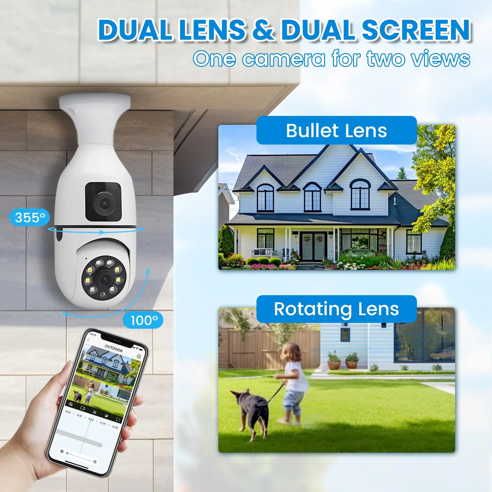2K Dual Lens WiFi Camera Light Bulb with Color Night Vision Motion Tracking Two-Way Audio Cloud Storage E27 Socket