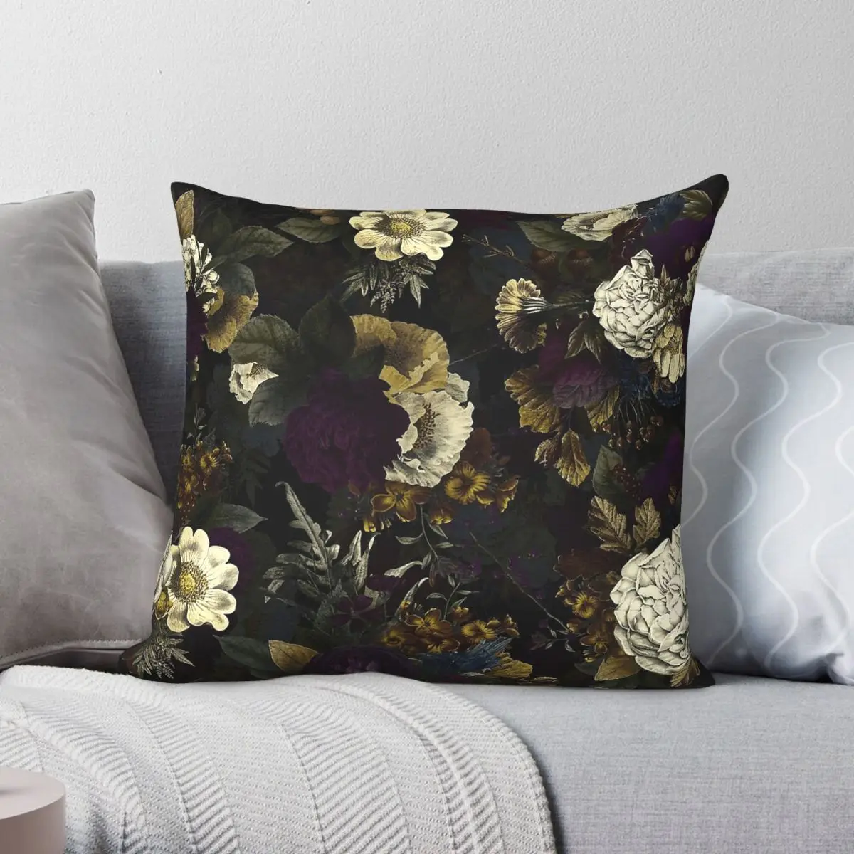 Dutch Purple Midnight Botanical Square Pillowcase Polyester Linen Velvet Creative Zip Decorative Bed Cushion Cover 45x45