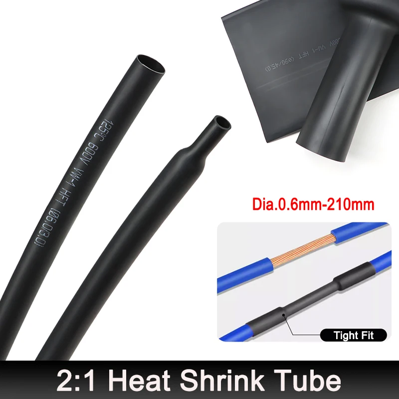 

Black 2:1 Heat Shrink Tube Dia.0.6mm - 210mm Waterproof DIY Polyolefin Electronic Component Cable Repair Connector Wrap Sleeve