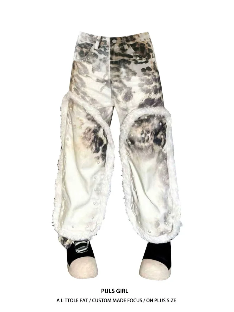 

plus Size American Retro Washed Faux Fur Splicing Leopard Print Jeans Women's Loose Slim Wide Leg Long Pants Casual High Waist