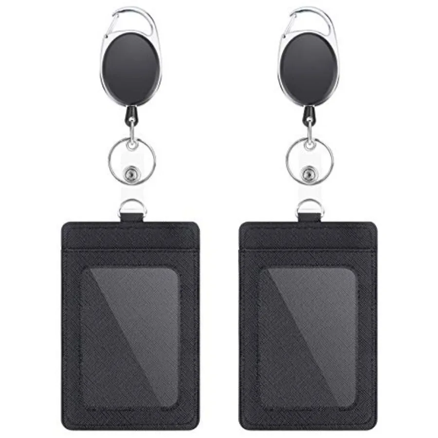 

2 Pack Badge Holders and Heavy Duty Retractable Reel Clips Set, Vertical Leather ID Badge Holders with 1 Clear ID Window and 2