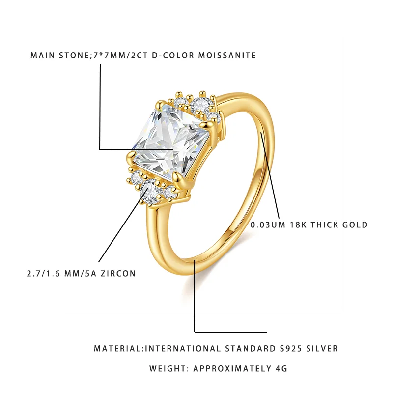 

2CT D-Color Moissanite Ring for Women, 18K Thick Gold Plated S925 Silver Jewelry, Square Cut Zircon Accented Party Engagement Ri