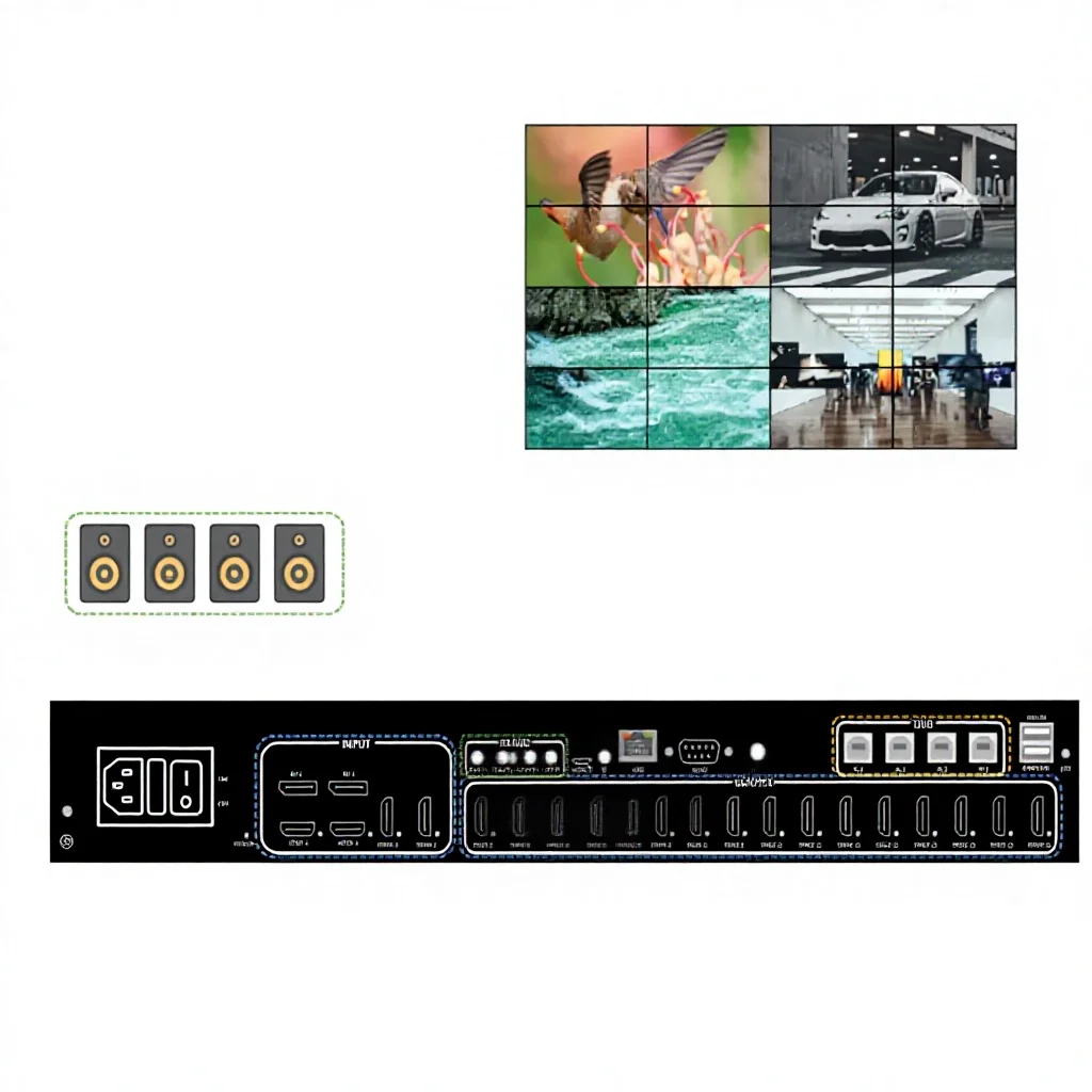 4K60 4-Screen Simultaneous Display Video Wall Processor 4 Input 16 Output Video Wall Controller 3X5 4X4 Video Controller