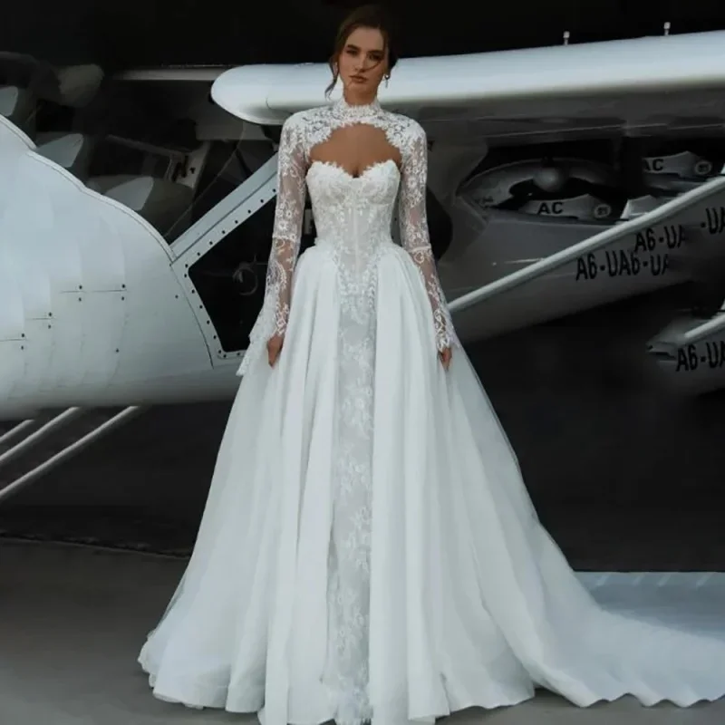 Customized Luxurious High Collar Long Sleeve A-line Appliques Mermaid Bride Gown Elegant Boho Bride Dress vestidos de novia