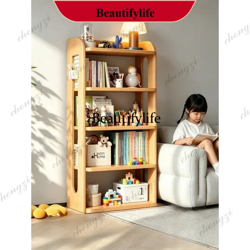 Solid wood bookshelf Floor shelf Children's picture book storage Reading area Storage bookcase Integrated against the wall d178