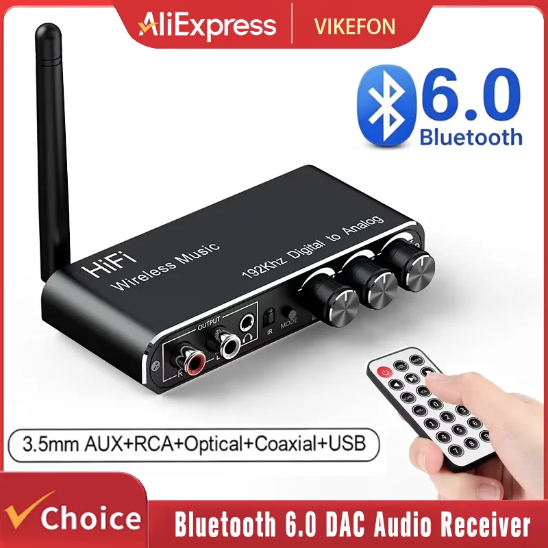 Optical Coaxial SPDIF to RCA 3.5mm DAC Adapter 192KHz Digital to Analog Converter Bluetooth 6.0 Audio Receiver For Home Speaker