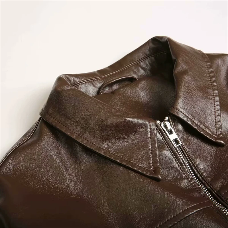 Keyanketian outono nova lapela feminina manga comprida zíper frontal jaqueta piloto de couro falso jaqueta à prova de vento