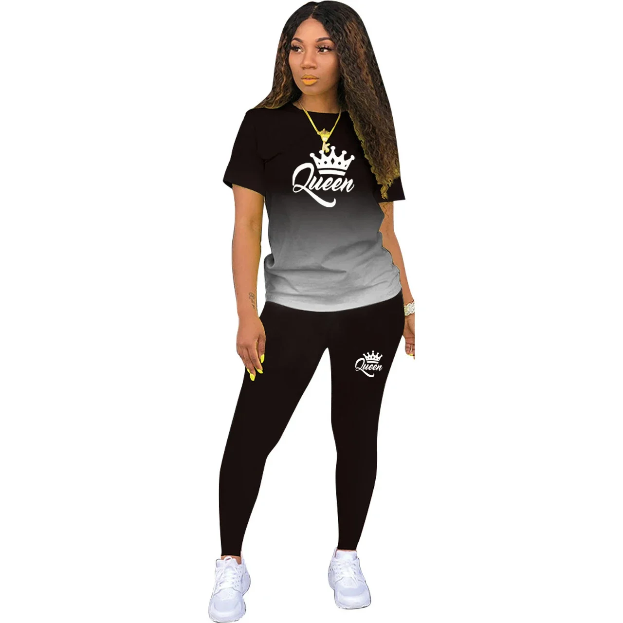 Women's 2 Pieces Set Summer Gradient T-shirt and Pants Queen Printed Fashion Casual Streetwear Female Tracksuit S-3XL