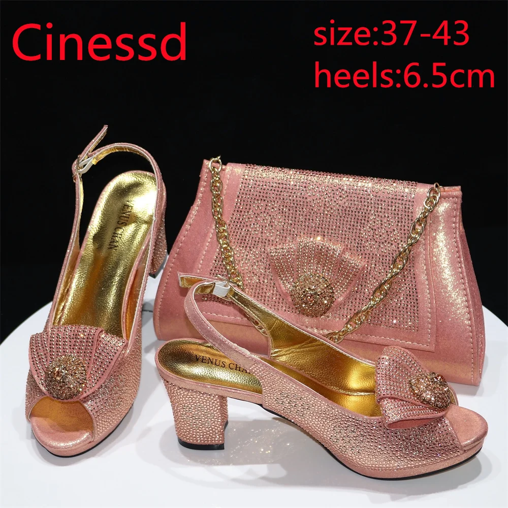 2025 Fashion Square Heels with Platform Peach Color Nigeian Women Shoes and Bag Set Full Crystal Pumps for Christmas Dinner