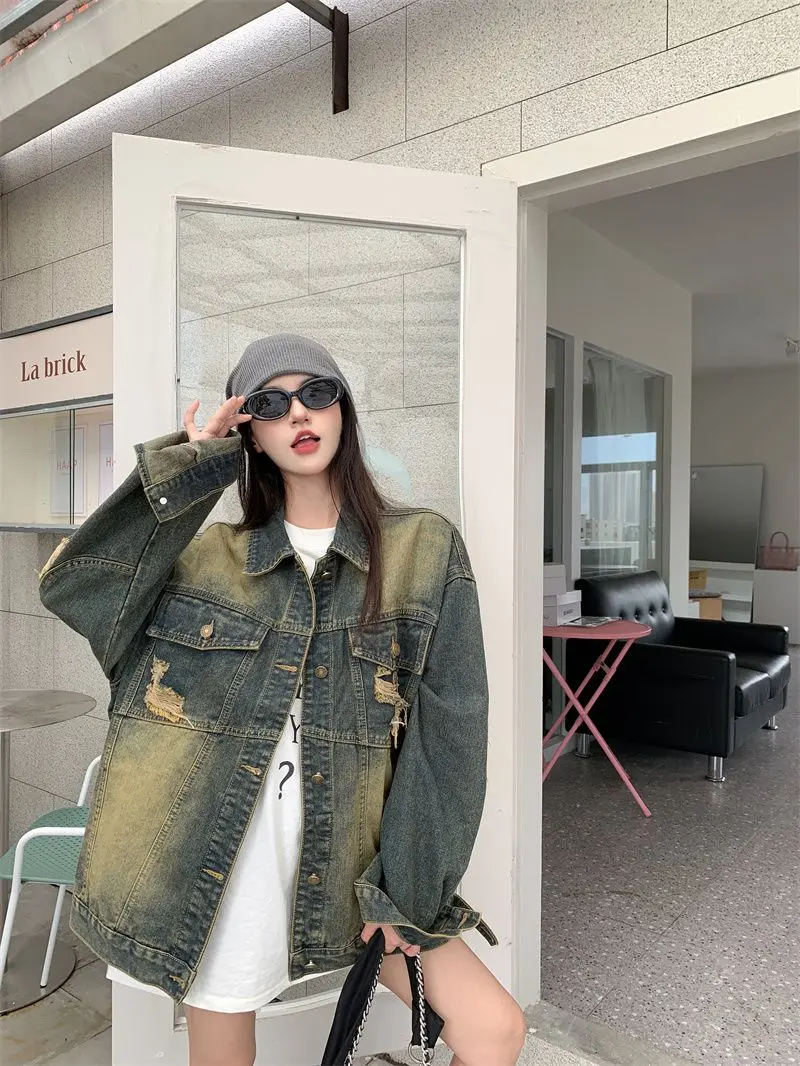 معطف الدنيم اللون البني المرأة الصيف الحياكة بالون صغير الأكمام مفتوحة الجبهة الهيب البوب جيوب أبلى الطبقات متجدد الهواء خفيفة الوزن #3