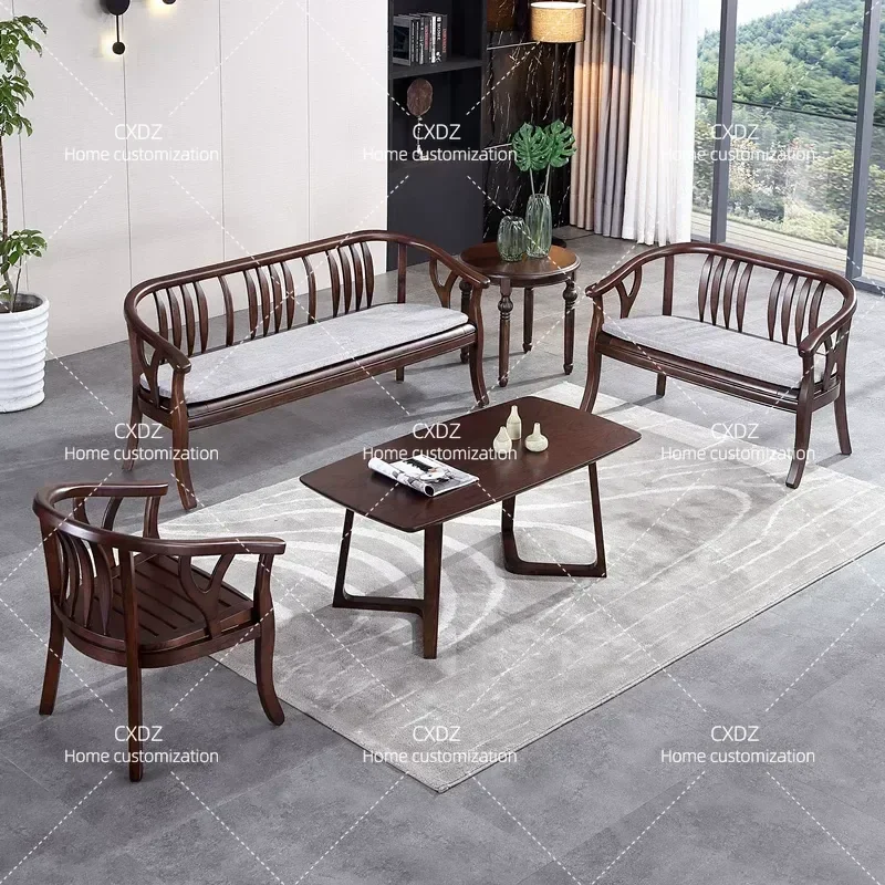 Modern Chinese Solid Wood Sofa Set for Small Apartment Zen Style 3 Seater Living Room Furniture Rural Bed and Breakfast Decor