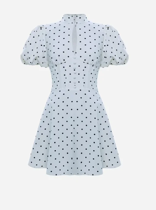 Polka Dot Mini Dress Retro A Line Puff Sleeve Waist Cinching Party Style for Women - Blue