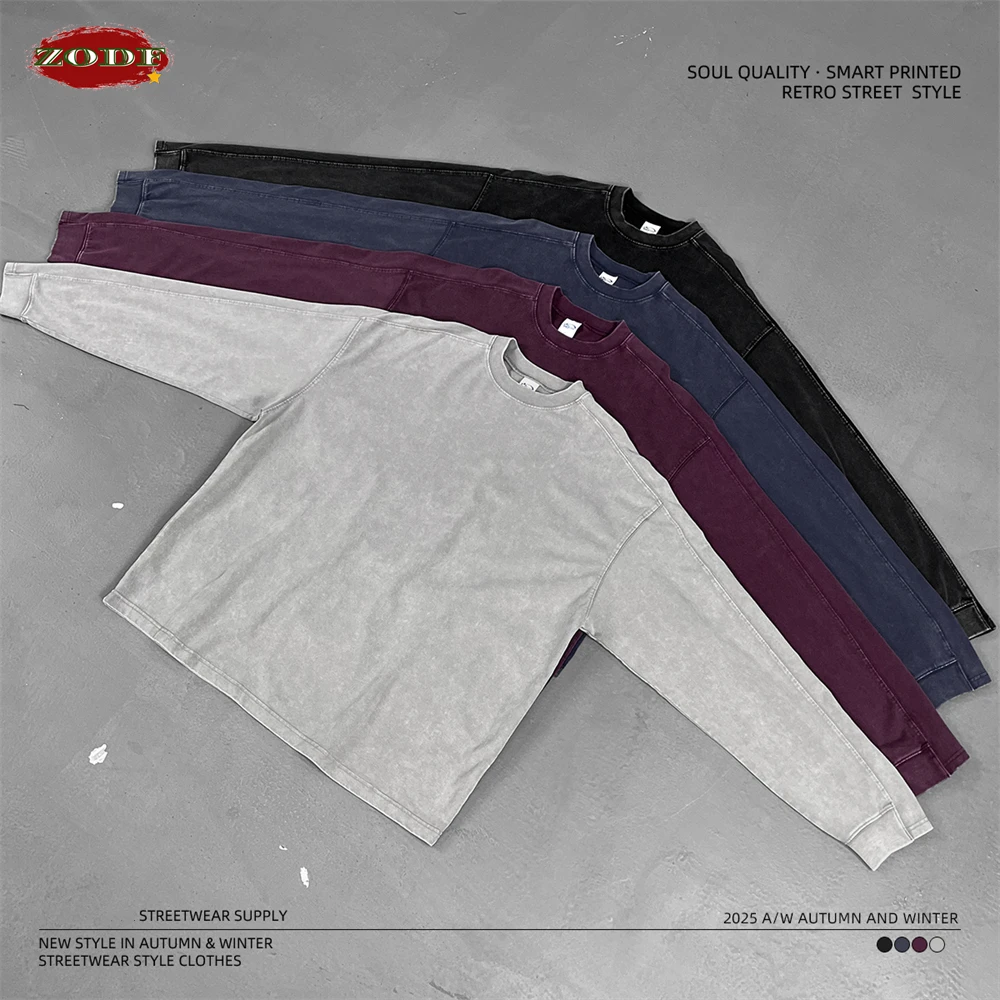 ZODF ريترو 285gsm الباتيك غسلها القطن رجل تي شيرت للجنسين الصلبة فضفاض المتعثرة المرقعة كم كامل تي شيرت بلايز HY1161
