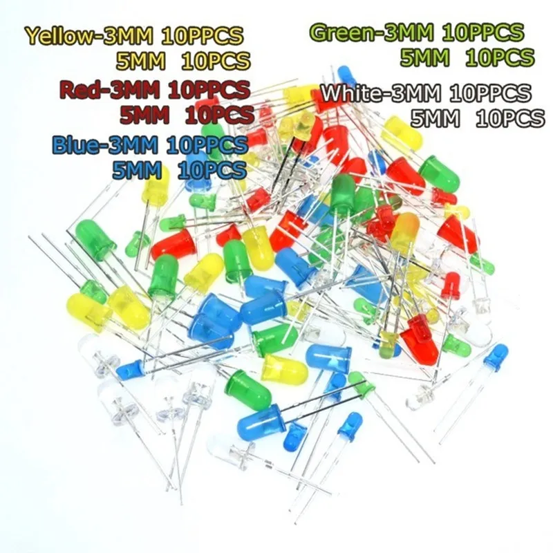 Assorted LED diodo kit de luz, kit DIY completo, verde, azul, branco, amarelo, vermelho, 3mm, 100 pcs por lote