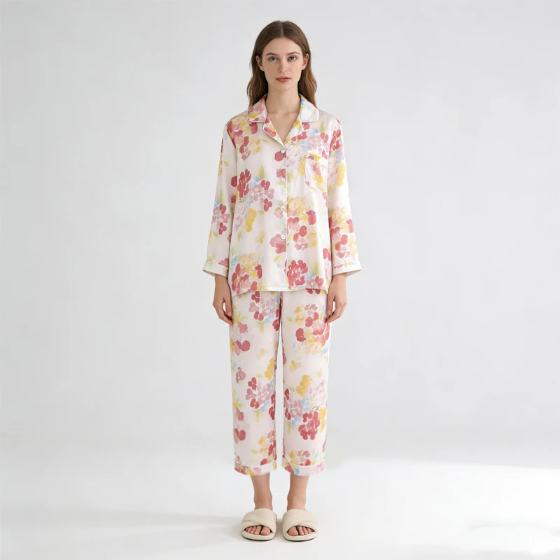 2026 Women's Spring New Skin Friendly Soft 92% Natural Mulberry Silk Elastic Satin Home Clothes Long Sleeved Top Long Pants Set