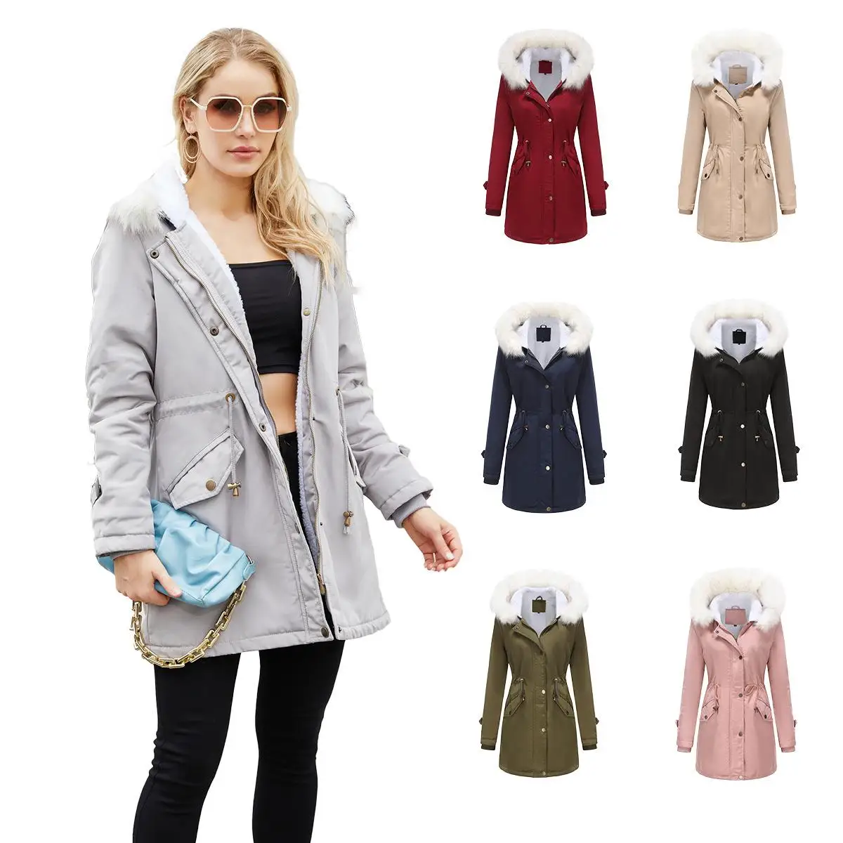 Removable Hood Cotton Jacket Thickened Long Sleeve Coat Fur Collar Velboa Coat Women's Business Casual Style Pure Color