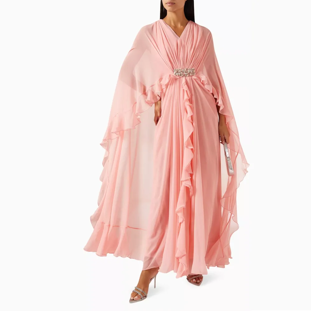 Muloong-Robe Maxi Rose à Col en V, Ligne A, Manches Cape, Volants Tonaux, Longueur de Rincage, Robe de Soirée Classique, Perles, Robe de Bal Arabie Saoudite