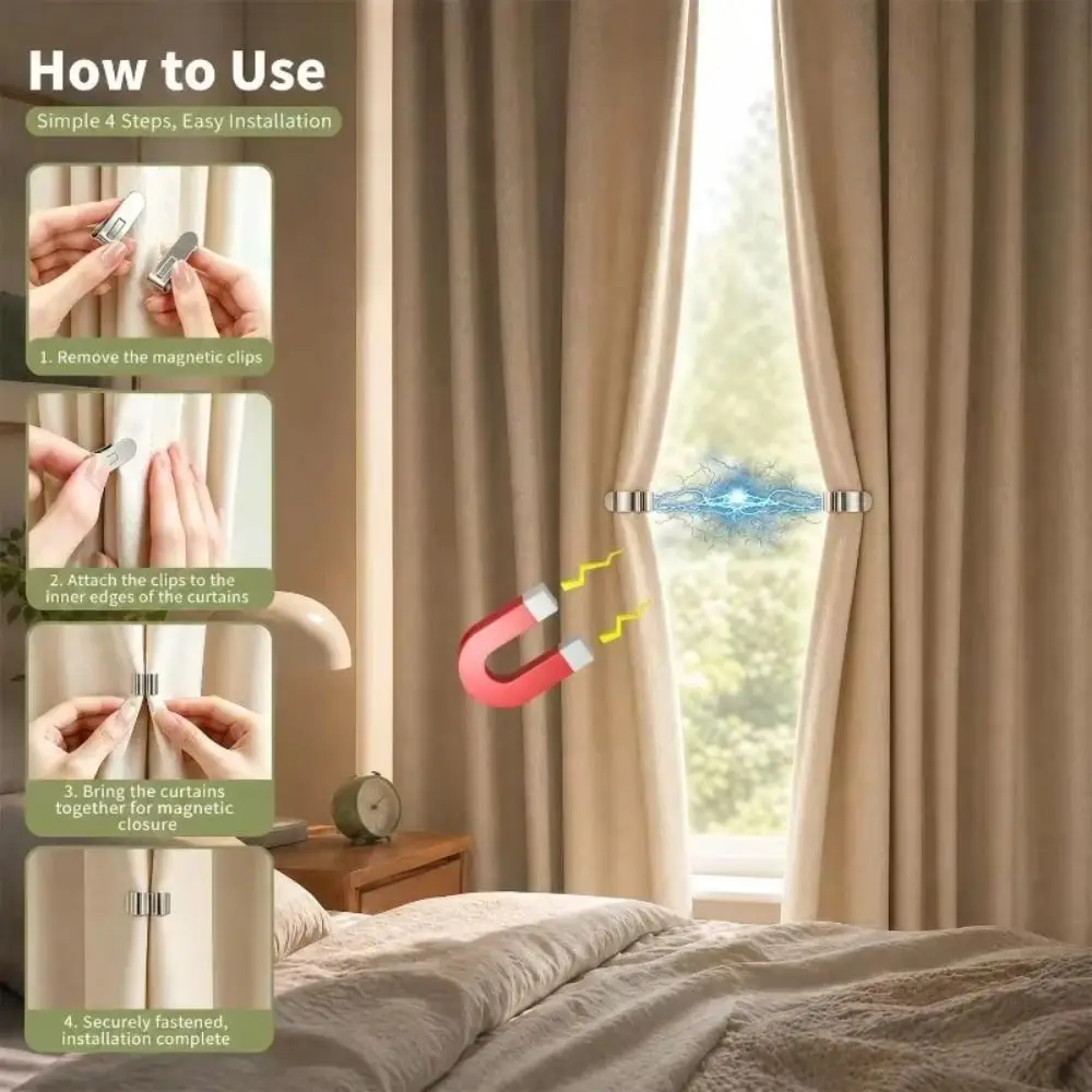 Magnetic Closure Curtain Clips Detachable Nail-Free Blackout Curtain Clips Light-Blocking Portable Fixed Clips Window Screen