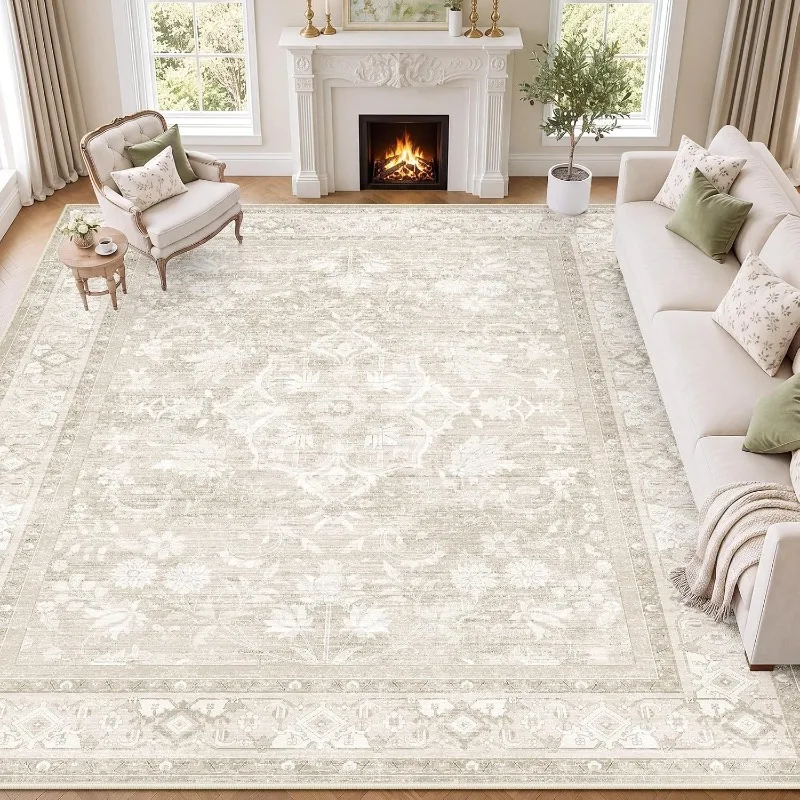 Vintage Persian Light Off-White Pattern Rug American Luxury Sofa Carpet Non-Slip Machine Washable Floor Mat for Living Room