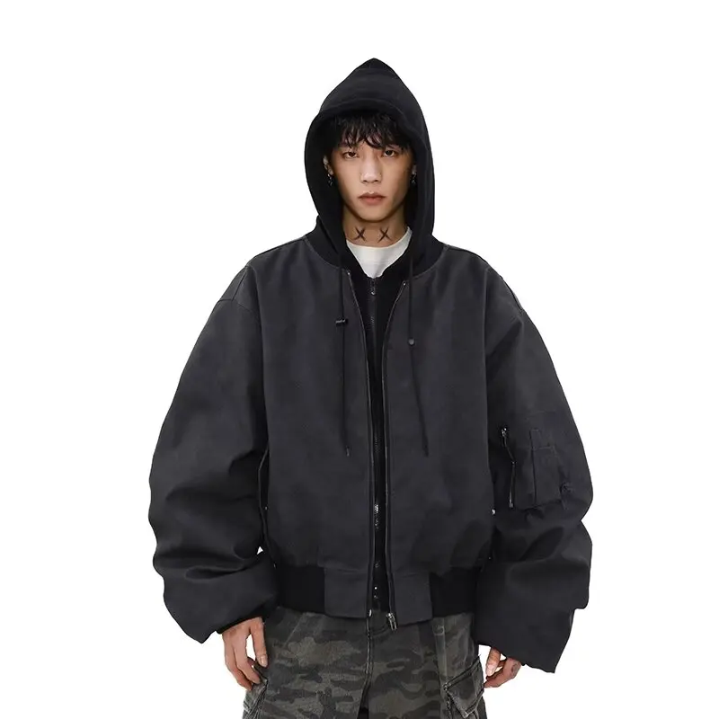 New Maillard Fake Two piece PU Leather Flight Jacket Men's American High Street Rascal Handsome Motorcycle Coat Hoodie