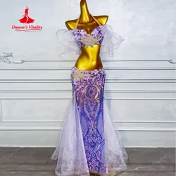 BellyDance Suit Women's Customized Exquisite Flowers Bra+senior Sequin Long Skirt 2pcs Oriental Belly Dancing Competition Outfit